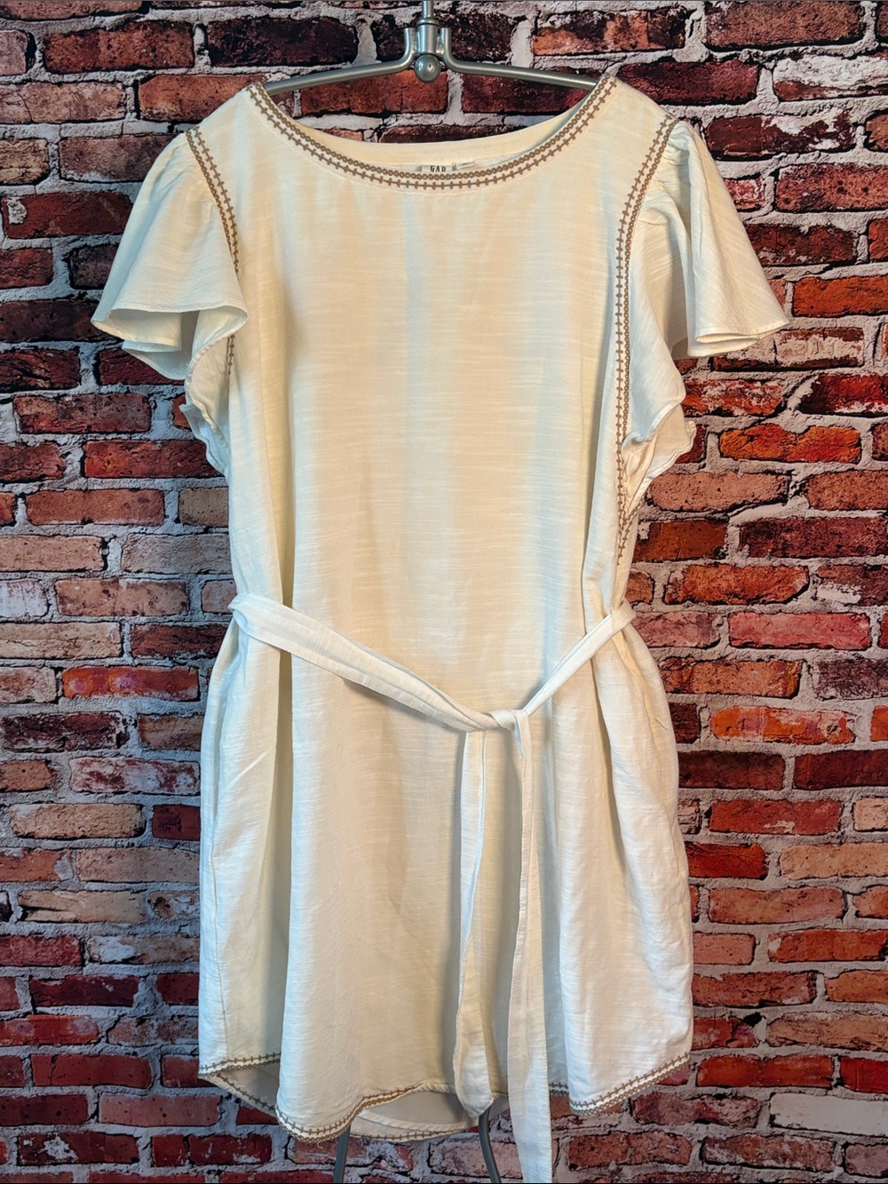 GAP Ivory/Cream with Tan Stitched Hem Short Sleeve Midi Dress Tie Belt Large